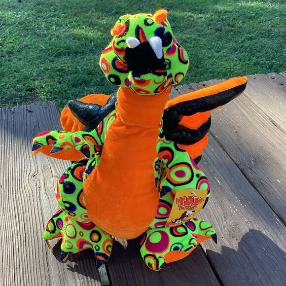 2009 Toy Factory Neon Dragon Plush 16” Psychedelic‎ Orange Wings w/Tag - Picture 1 of 7